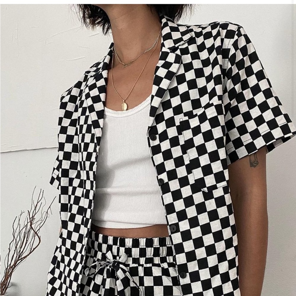 Wray Black and White Checkered Button Top